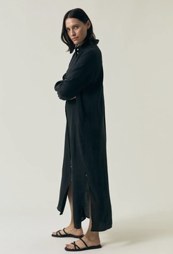 Long Linen Shirt Dress Black - Lexington