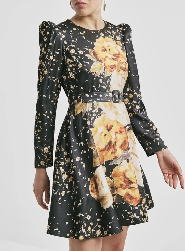 Tailored Satin Belt Dress Black Rose - by TiMo