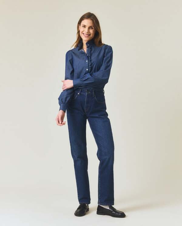 Denim Frill Blouse Medium Blue Denim - Lexington