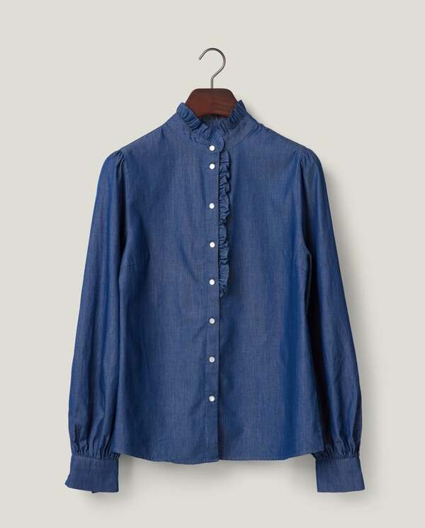 Denim Frill Blouse Medium Blue Denim - Lexington