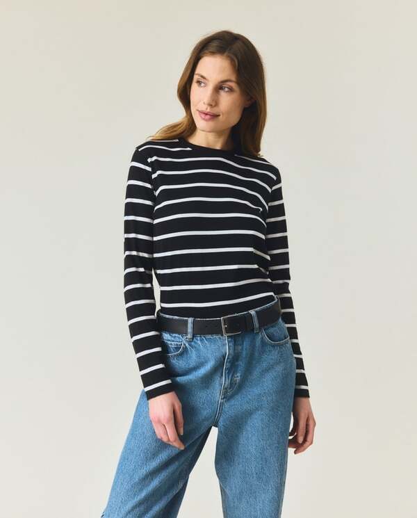 Langermet bommuls-t-skjorte,svart/hvite striper Black/White - Lexington