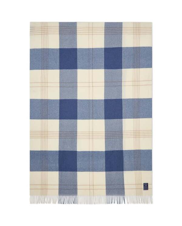 Blå/beige rutet pledd i resirkulert ull Misty Blue/Beige/White - Lexington