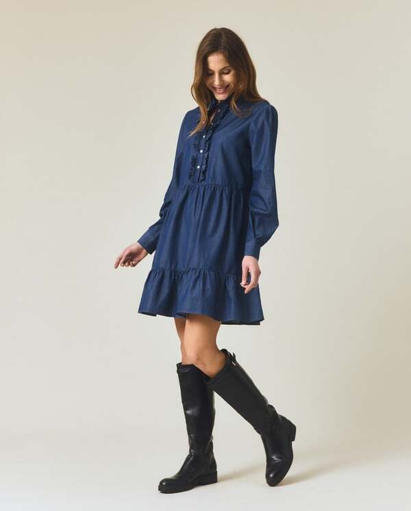 Denim tunikakjole m/rysjer Medium blue - Lexington