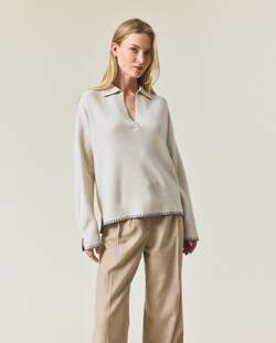 Strikket polo-genser i merinoull Offwhite - Lexington
