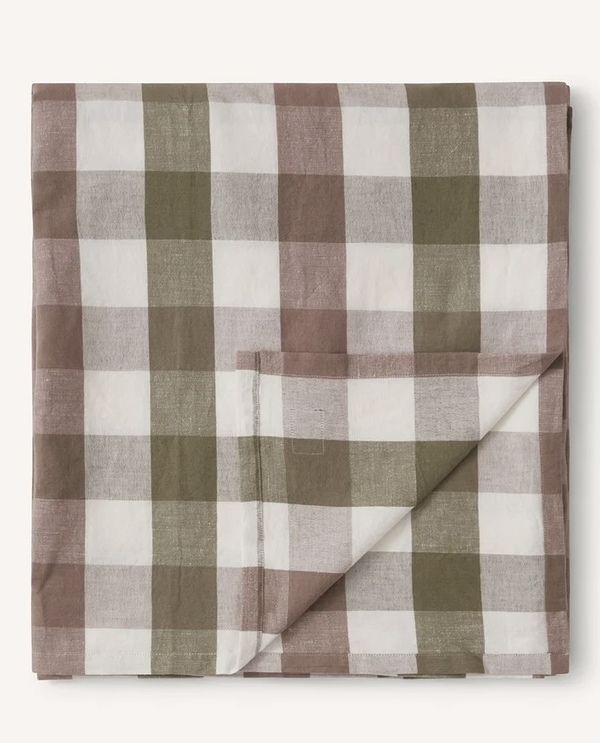 Rutete bordduk i linblanding Olive/White/Brown - Lexington