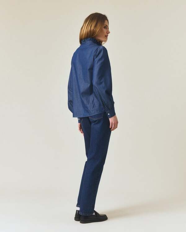 Denim Frill Blouse Medium Blue Denim - Lexington