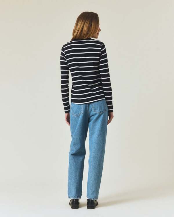 Langermet bommuls-t-skjorte,svart/hvite striper Black/White - Lexington