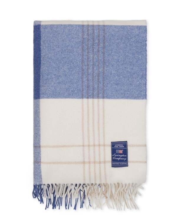 Blå/beige rutet pledd i resirkulert ull Misty Blue/Beige/White - Lexington