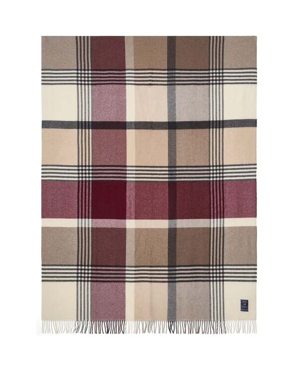 Stein/burgunder rutet pledd i resirkulert ull Stone/Burgundy/Beige - Lexington