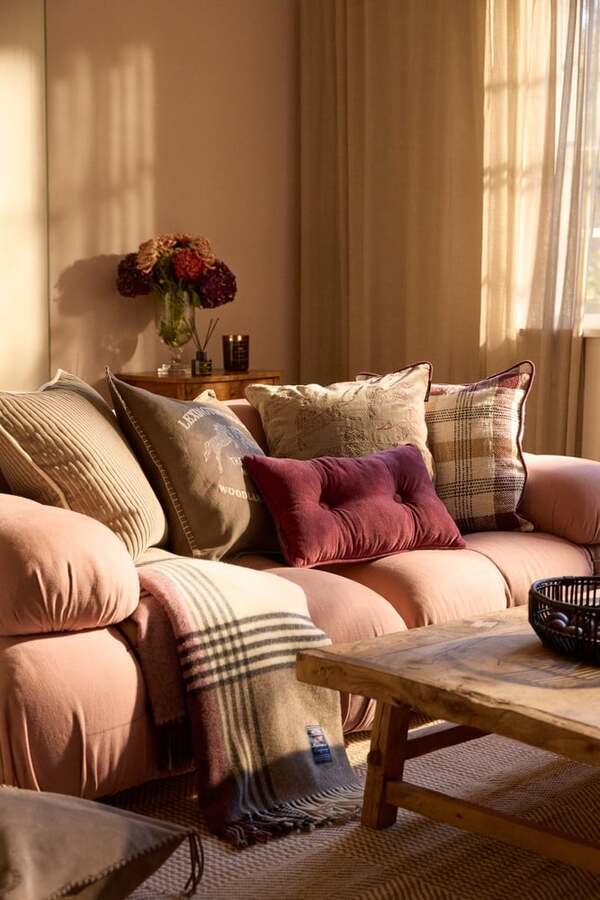 Stein/burgunder rutet pledd i resirkulert ull Stone/Burgundy/Beige - Lexington