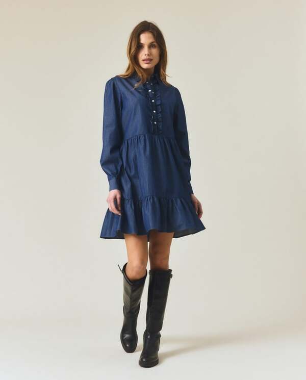 Denim tunikakjole m/rysjer Medium blue - Lexington