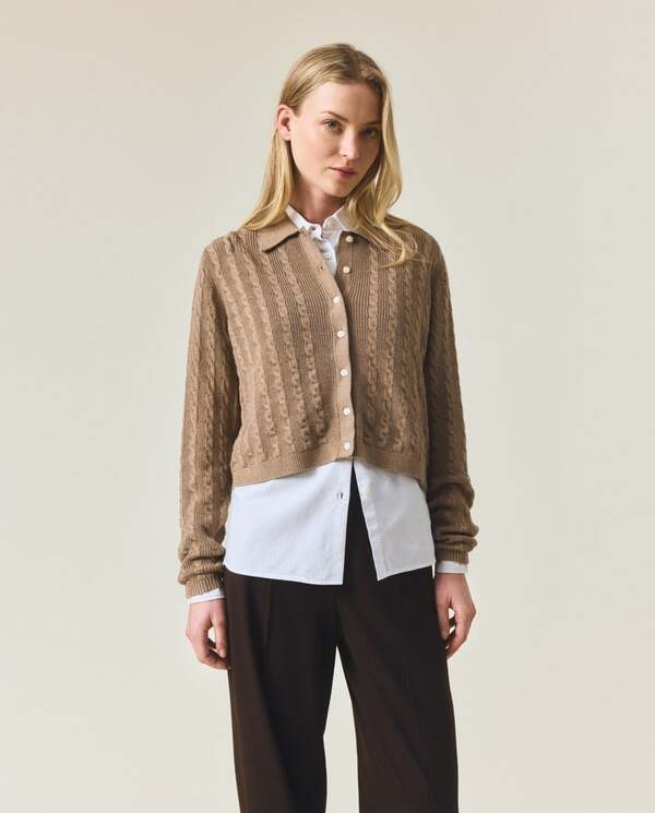 Kabelstrikket cardigan Beige Melange - Lexington