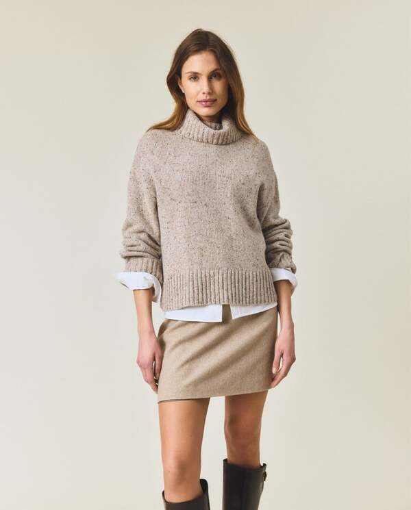 Strikket genser i ullblanding med rullekrage Beige Melange - Lexington