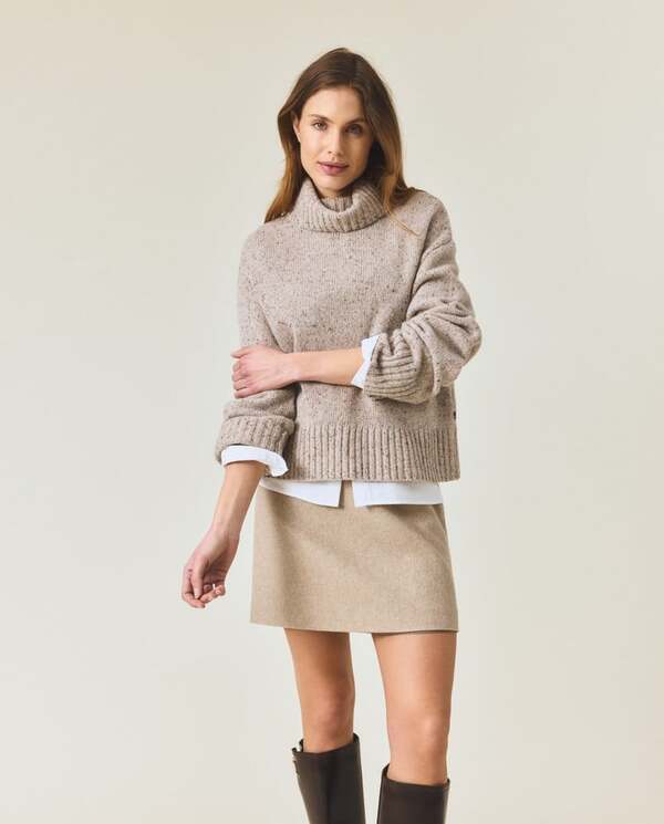 Strikket genser i ullblanding med rullekrage Beige Melange - Lexington